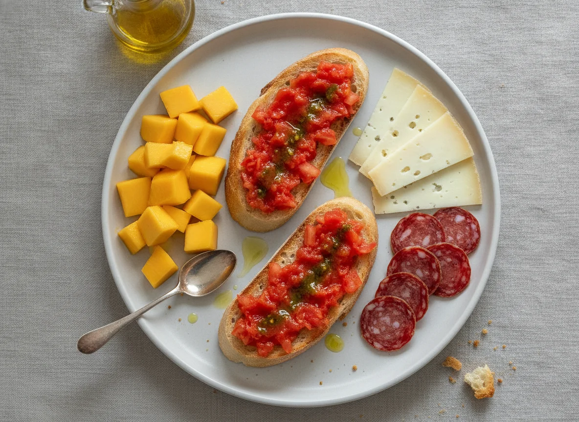 Desayuno mediterráneo con mango, pan con tomate, queso y embutido photo
