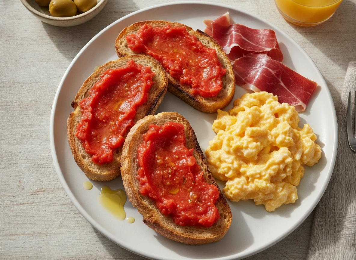 Desayuno mediterráneo con pan con tomate, jamón ibérico y huevo revuelto photo
