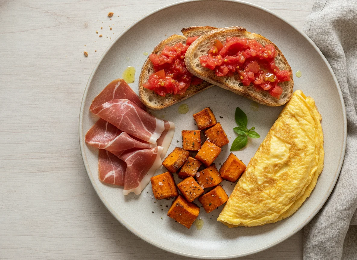 Desayuno mediterráneo con pan con tomate, jamón ibérico, tortilla y boniato photo