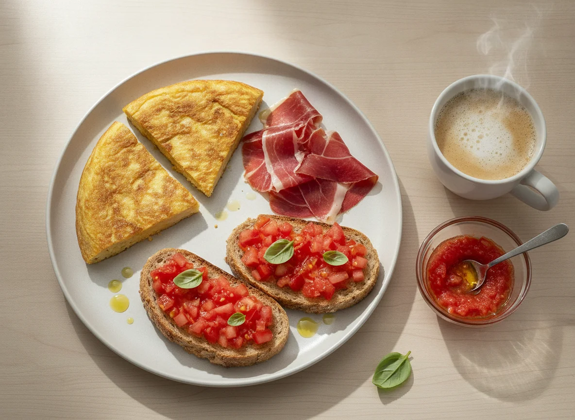 Desayuno mediterráneo con tortilla, jamón y pan con tomate photo