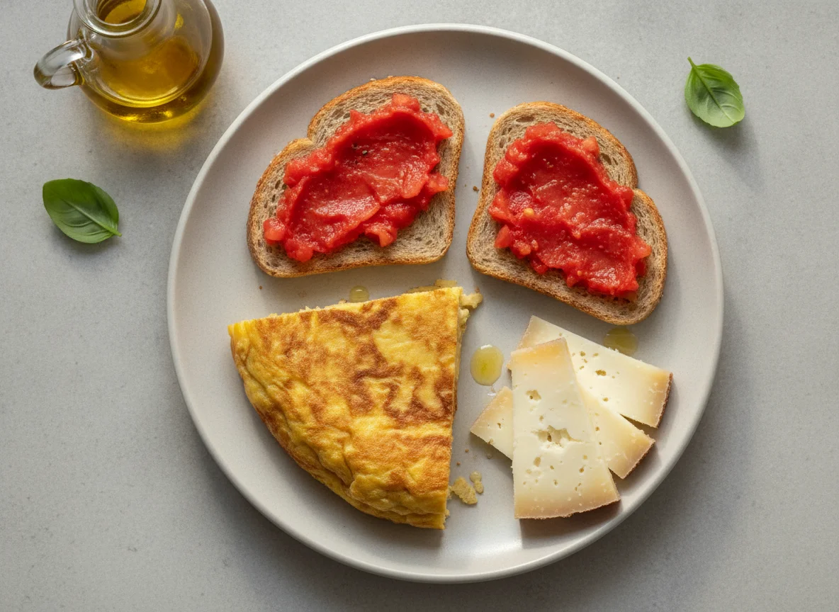 Desayuno mediterráneo con tortilla, queso y tostadas con tomate photo