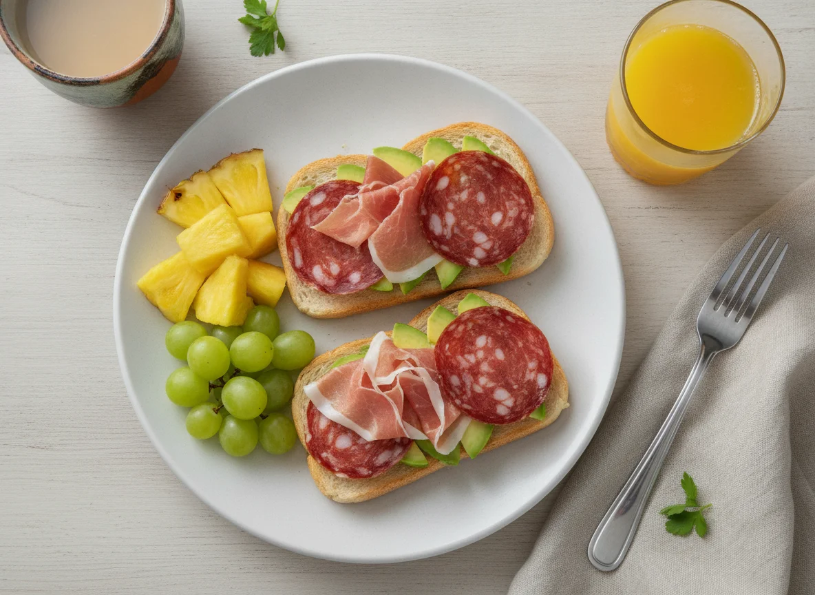 Desayuno mediterráneo con tostadas de jamón, lomo, piña y uvas photo