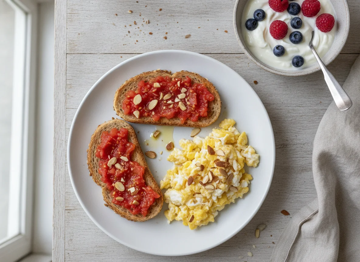Desayuno mediterráneo con tostadas, huevos y yogur photo