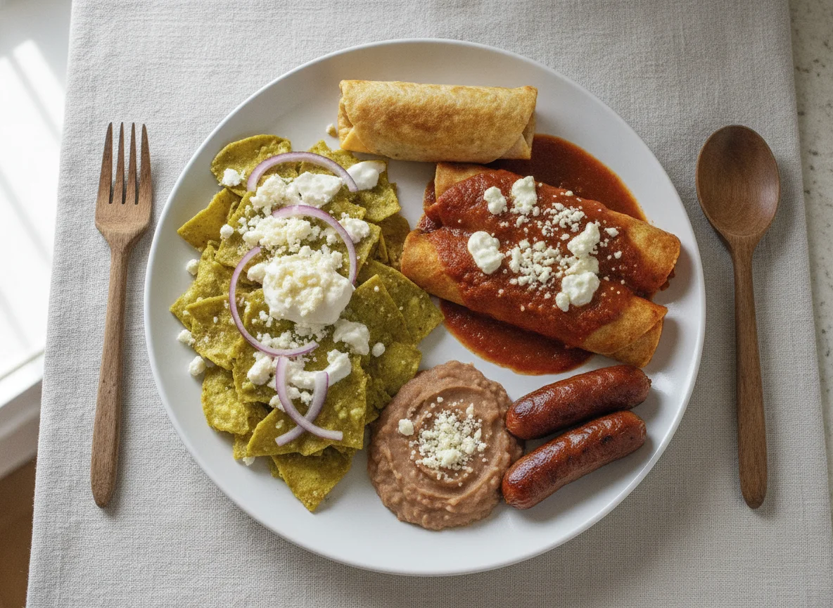 Desayuno Mexicano con Chilaquiles, Enchiladas y Salchichas photo