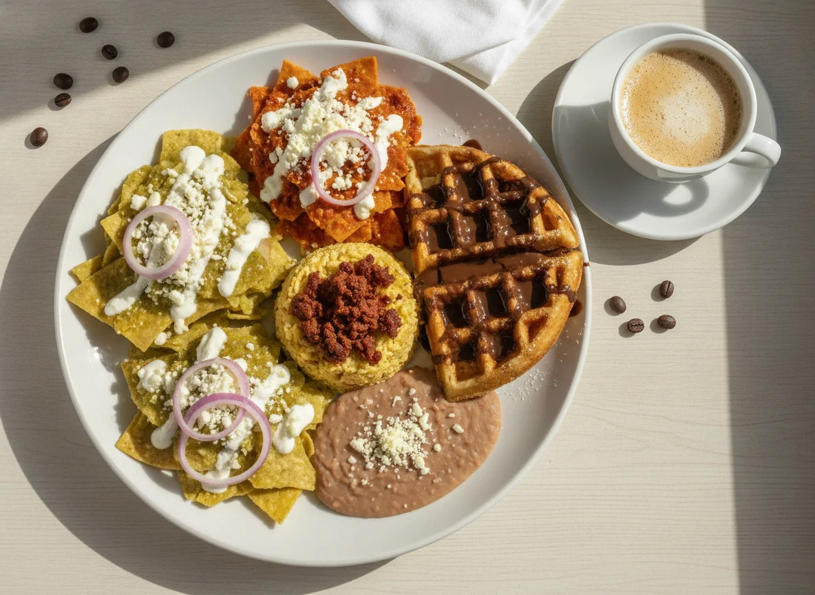 Desayuno Mexicano con Chilaquiles, Huevo y Waffle photo