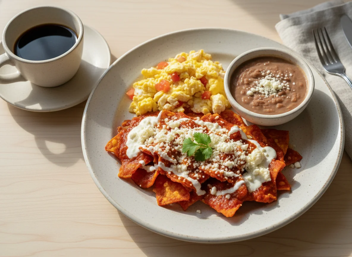 Desayuno mexicano con chilaquiles, huevos revueltos y frijoles refritos photo