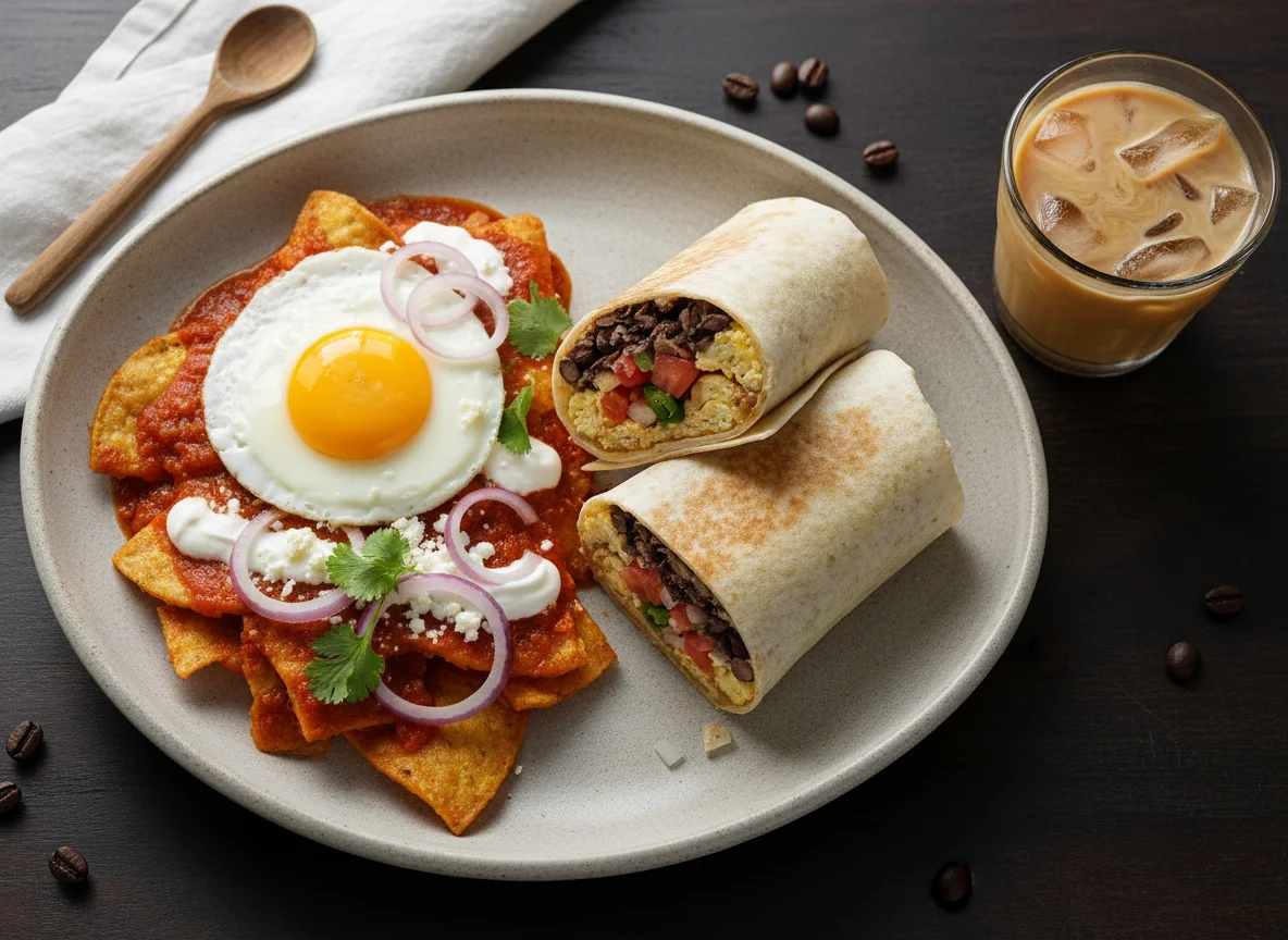 Desayuno mexicano con chilaquiles y burrito photo