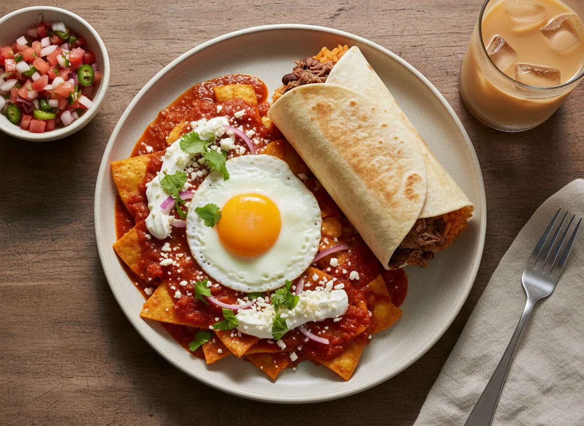 Desayuno mexicano con chilaquiles y burritos photo