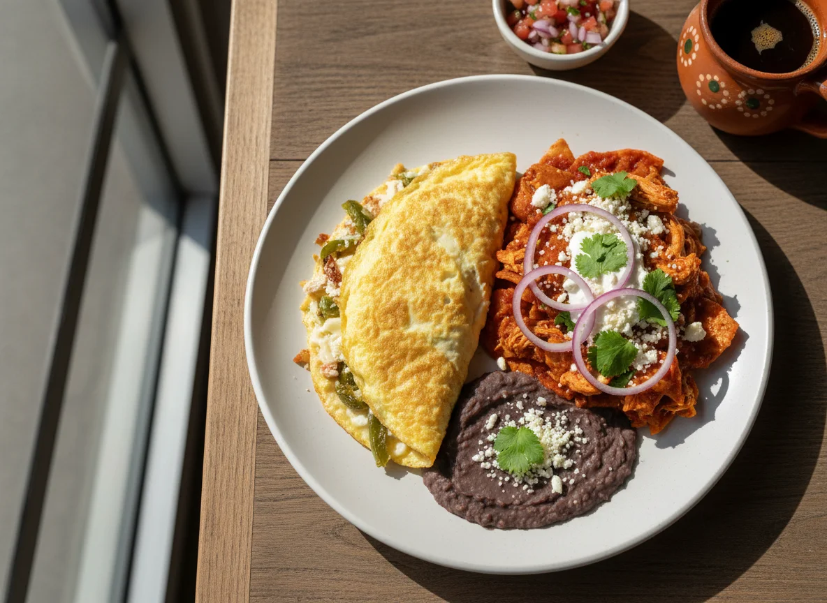 Desayuno mexicano con chilaquiles y omelette photo