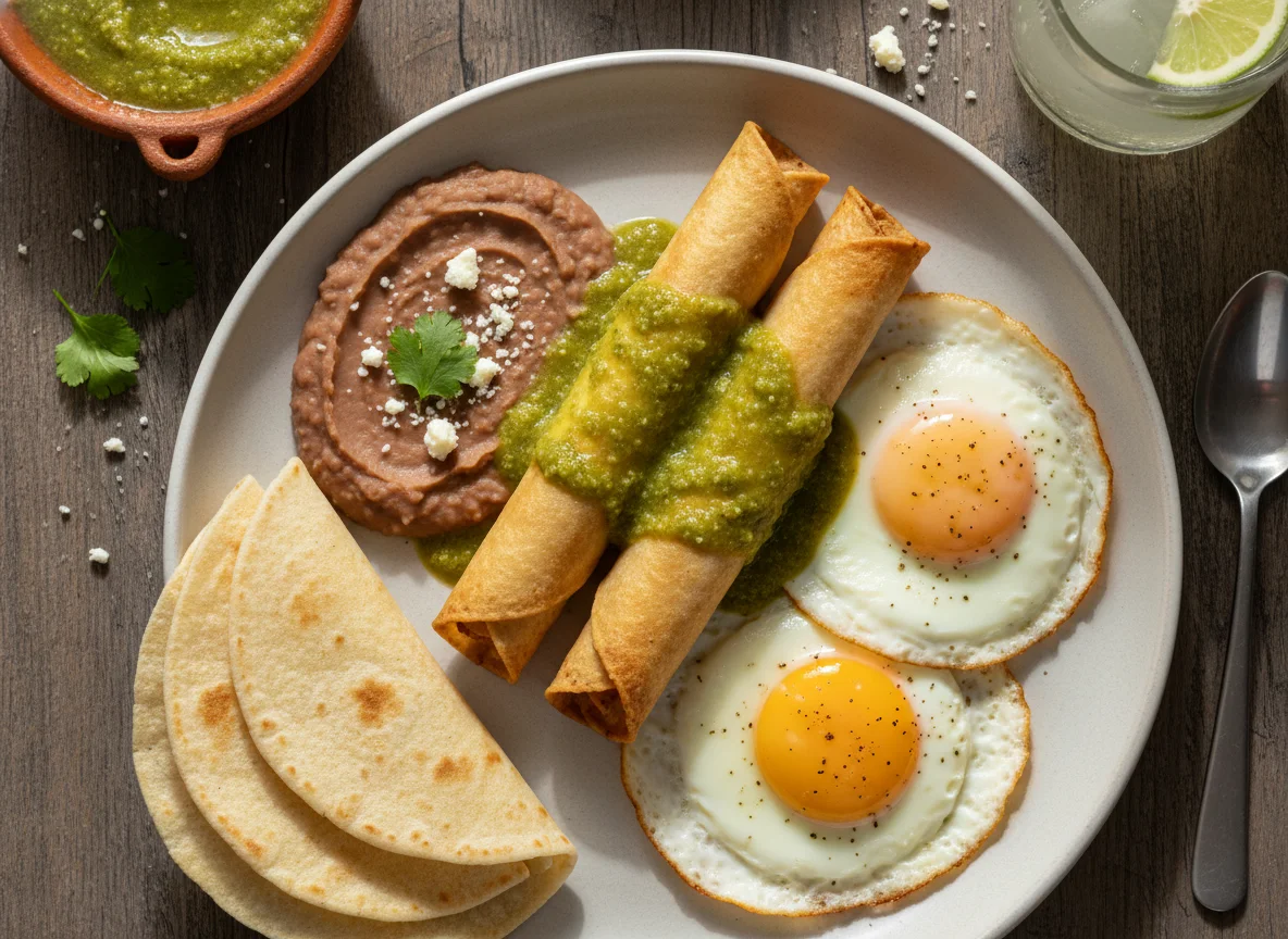 Desayuno mexicano con flautas, huevos y frijoles photo