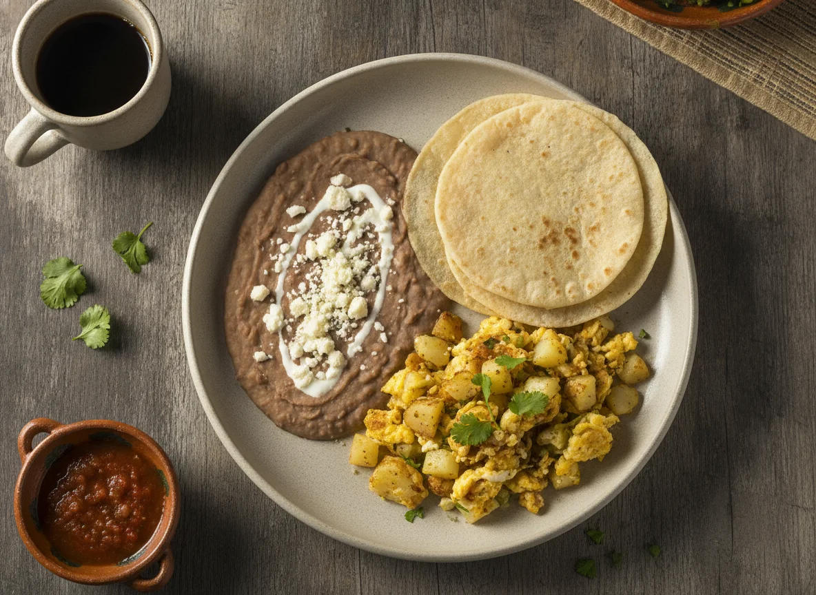 Desayuno mexicano con frijoles, huevos y tortillas photo
