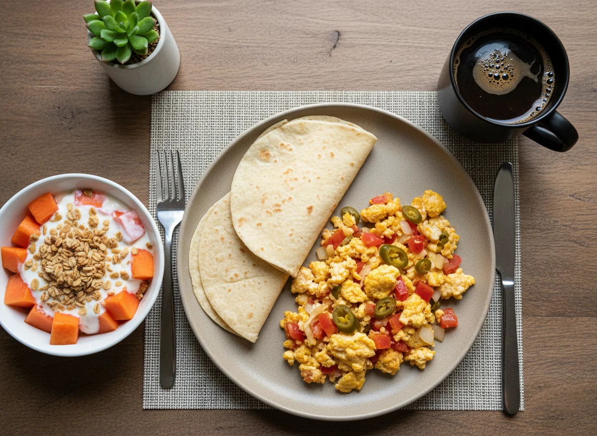 Desayuno mexicano con fruta y café photo