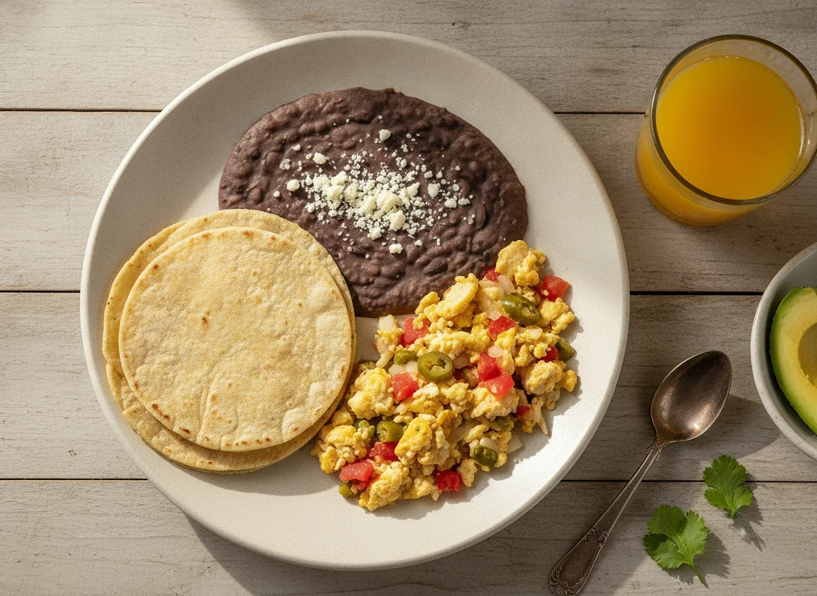 Desayuno mexicano con huevo, frijoles y jugo photo