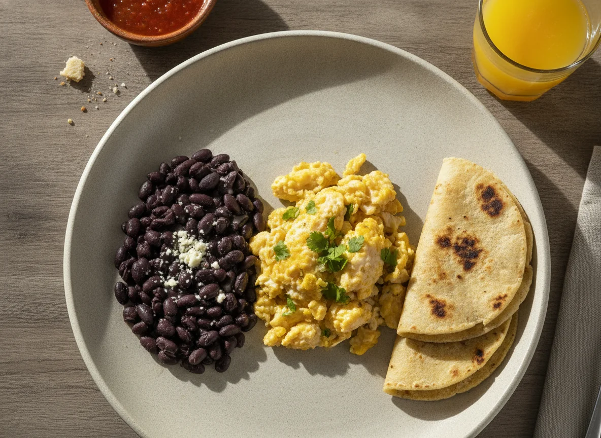 Desayuno mexicano con huevo, frijoles y tortilla photo
