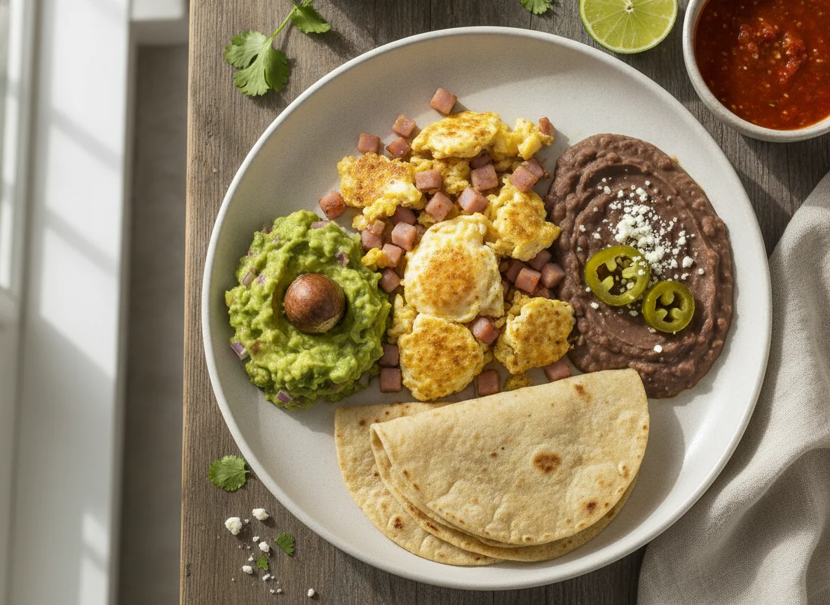 Desayuno Mexicano con Huevo, Jamón, Frijoles y Tortilla photo