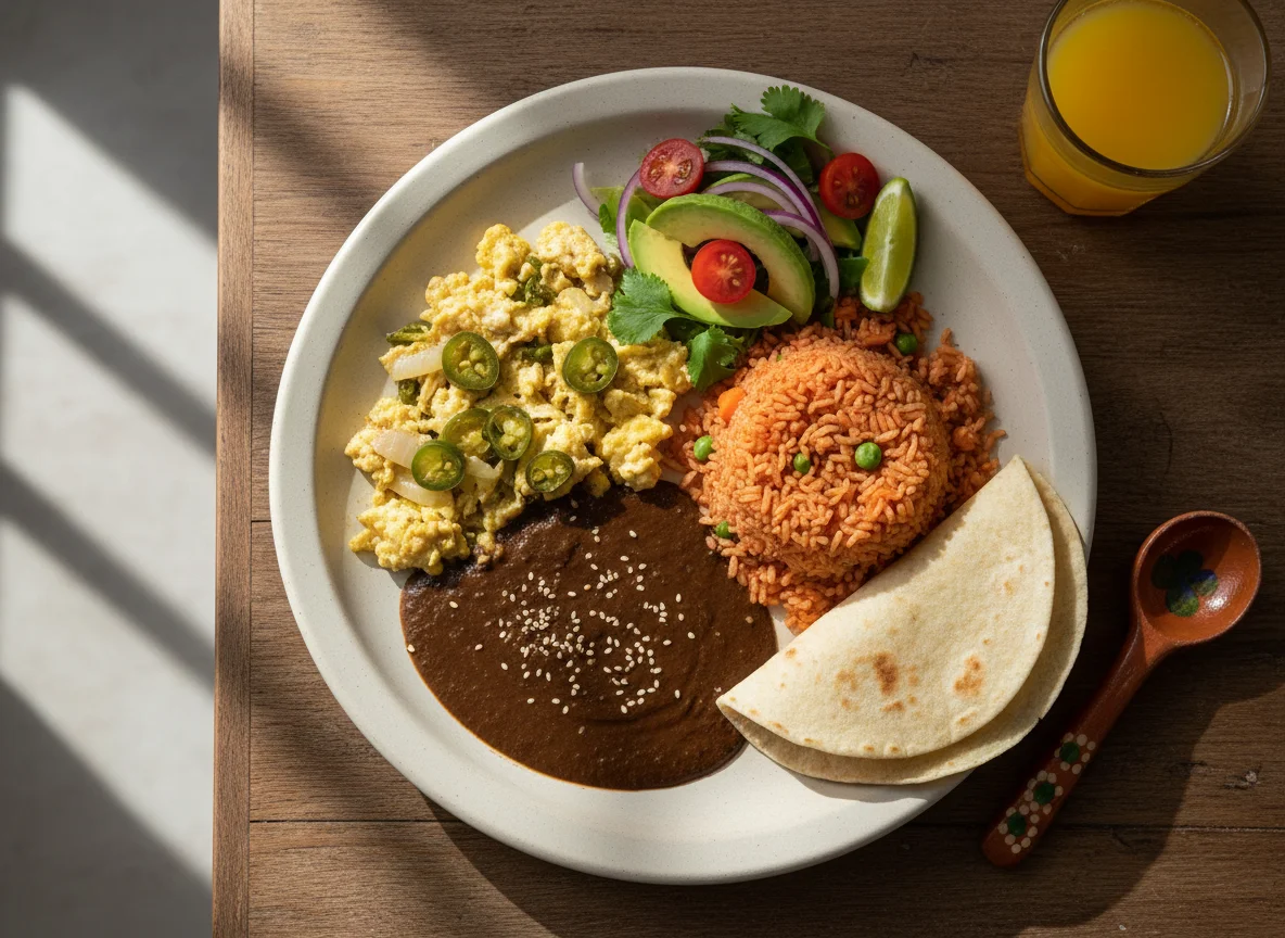Desayuno Mexicano con Huevos, Arroz y Mole photo