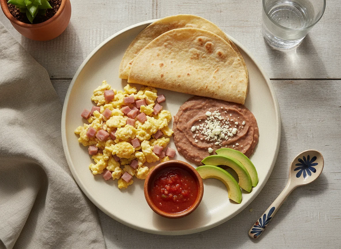Desayuno mexicano con huevos, frijoles y aguacate photo