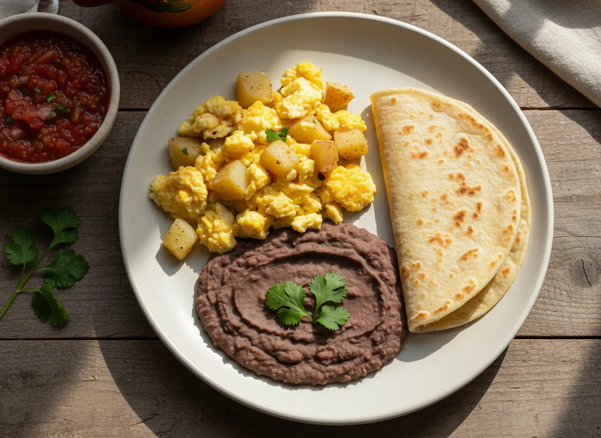 Desayuno mexicano con huevos, frijoles y tortilla photo