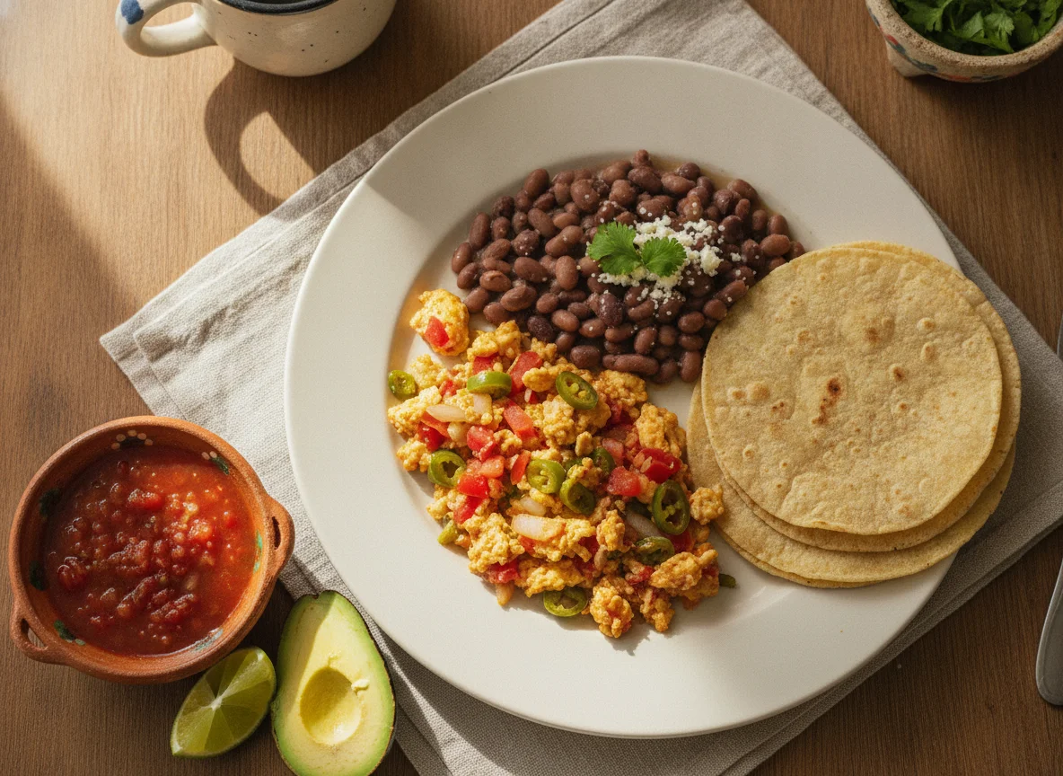 Desayuno mexicano con huevos, frijoles y tortillas photo