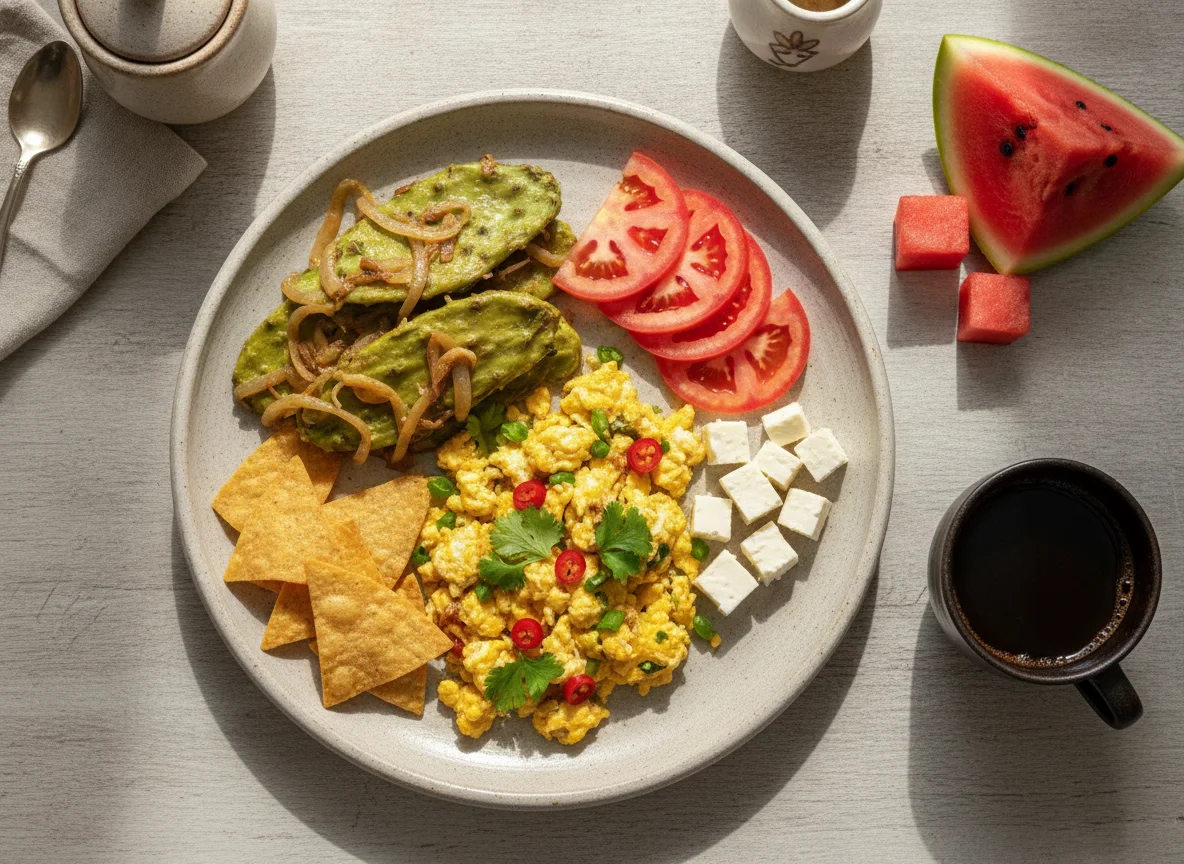 Desayuno mexicano con huevos, nopales y sandía photo