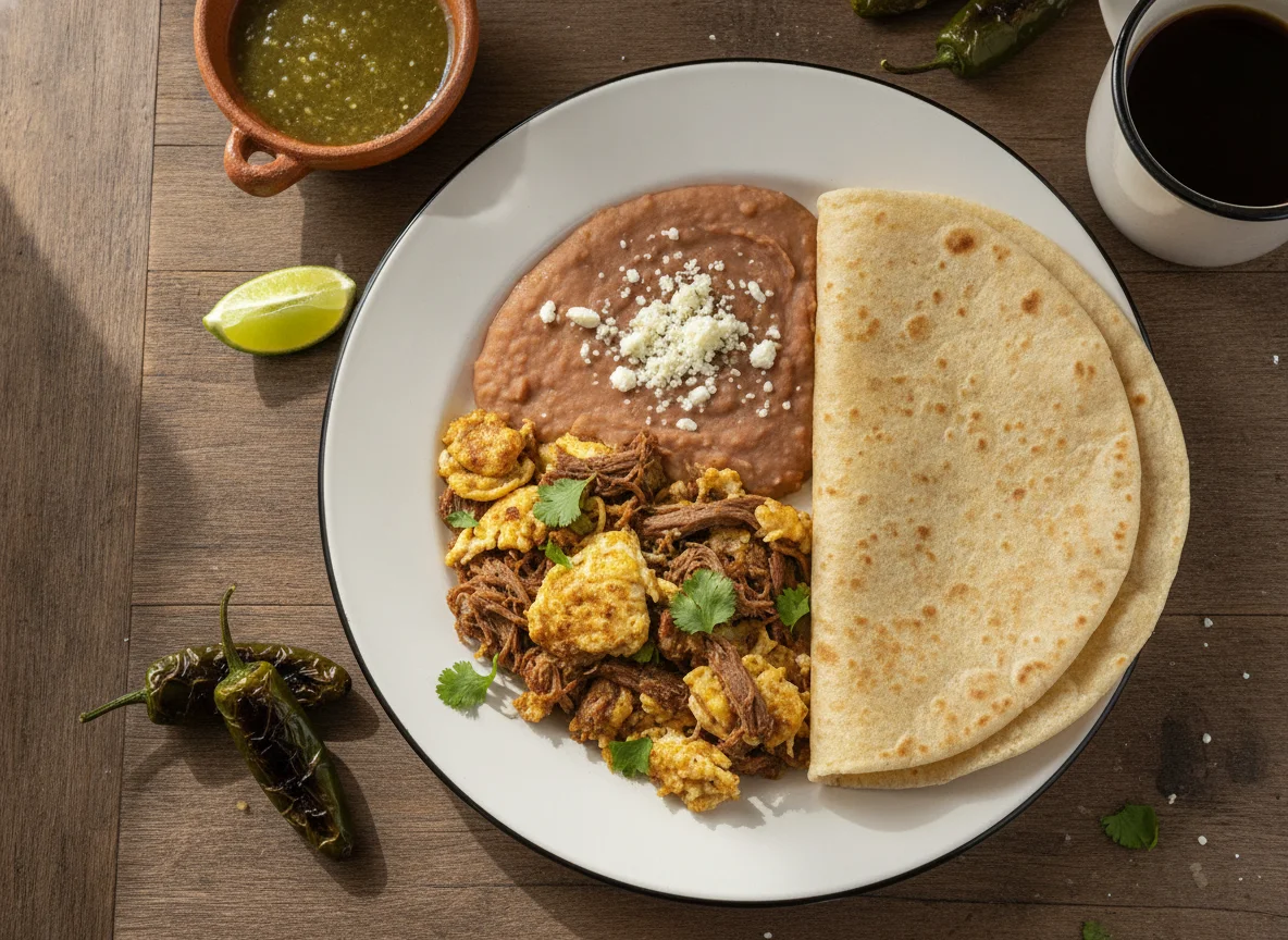 Desayuno mexicano con huevos revueltos, frijoles refritos y tortilla de harina photo