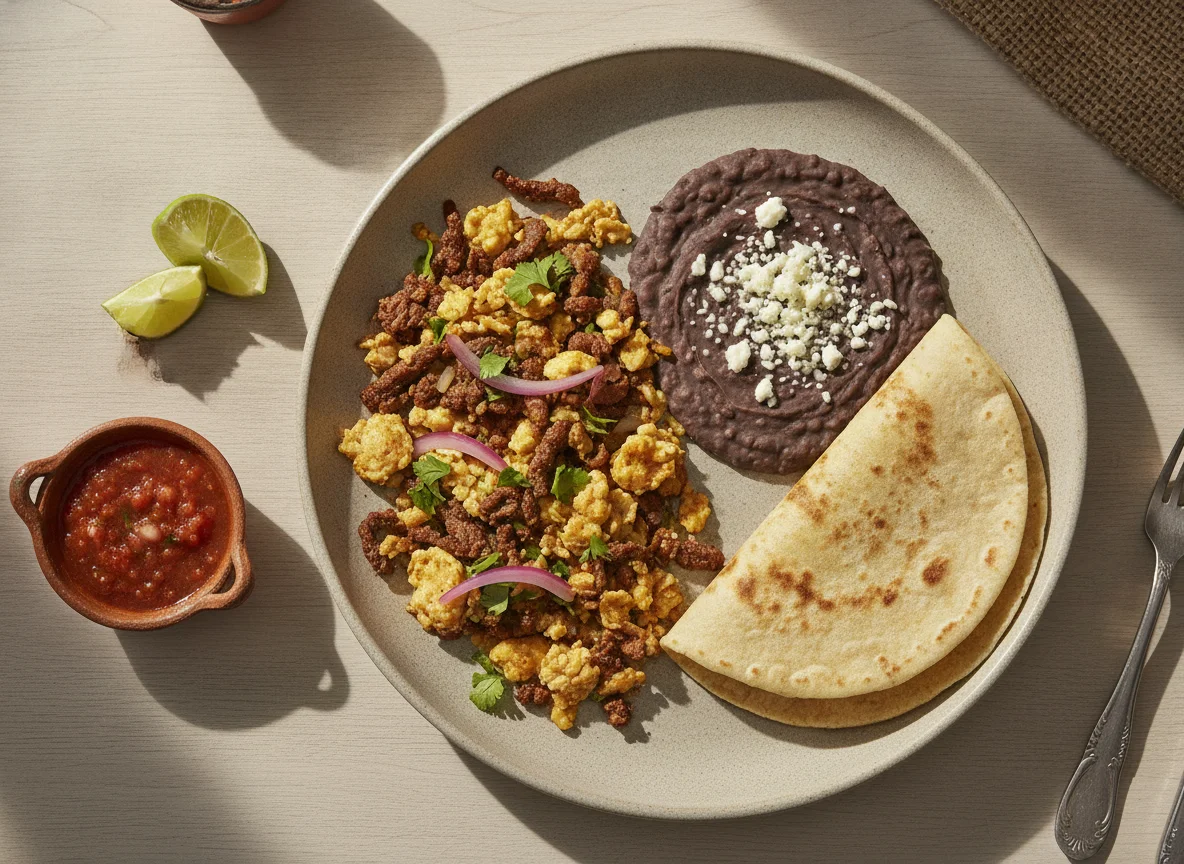 Desayuno mexicano con huevos revueltos, frijoles refritos y tortilla photo