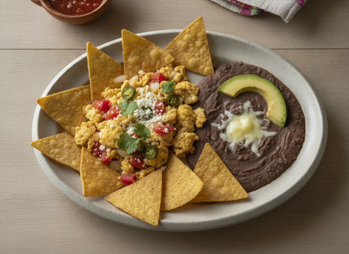 Desayuno mexicano con huevos revueltos, frijoles refritos y totopos photo