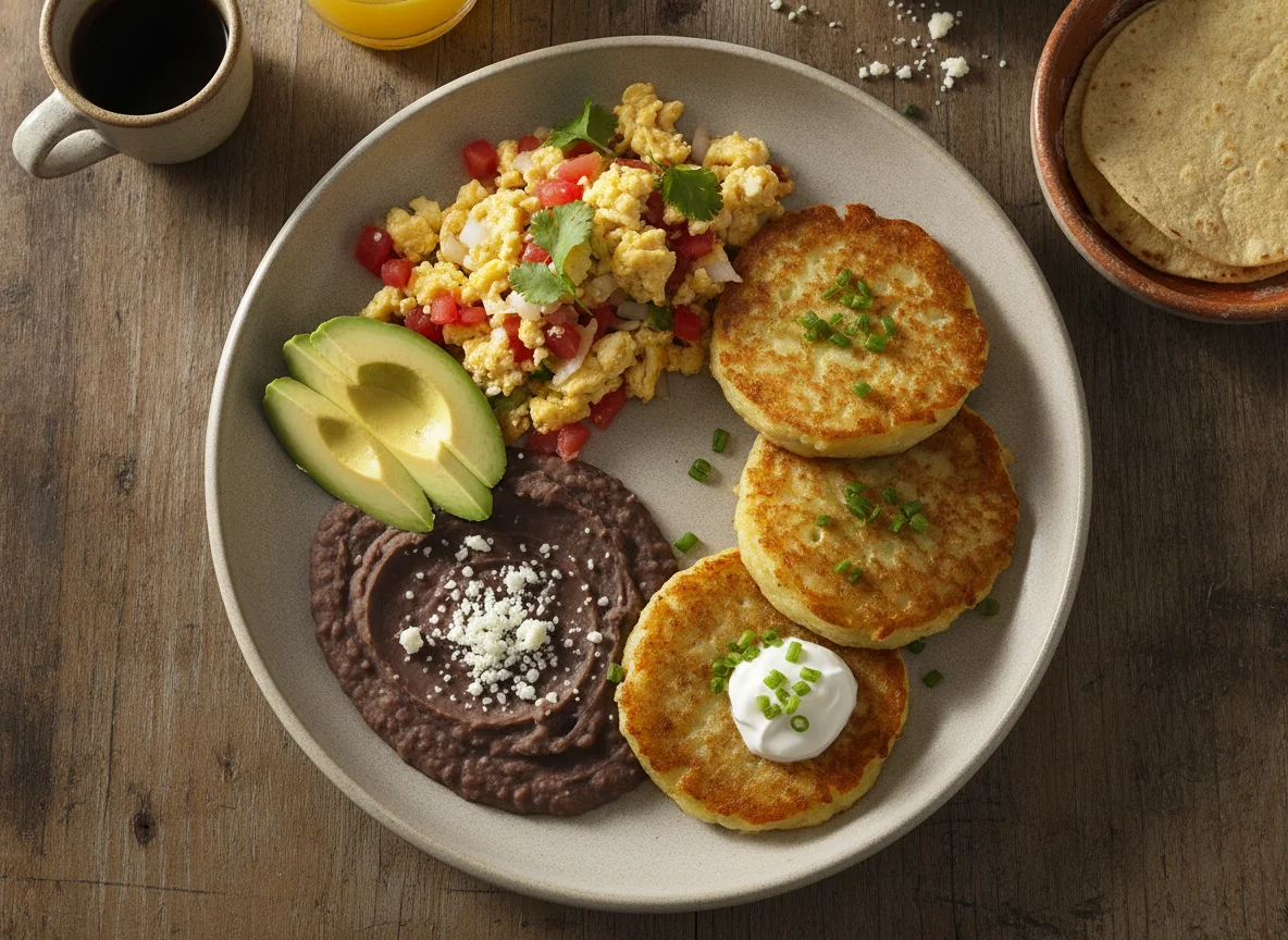 Desayuno mexicano con huevos revueltos, frijoles refritos y tortitas de papa photo