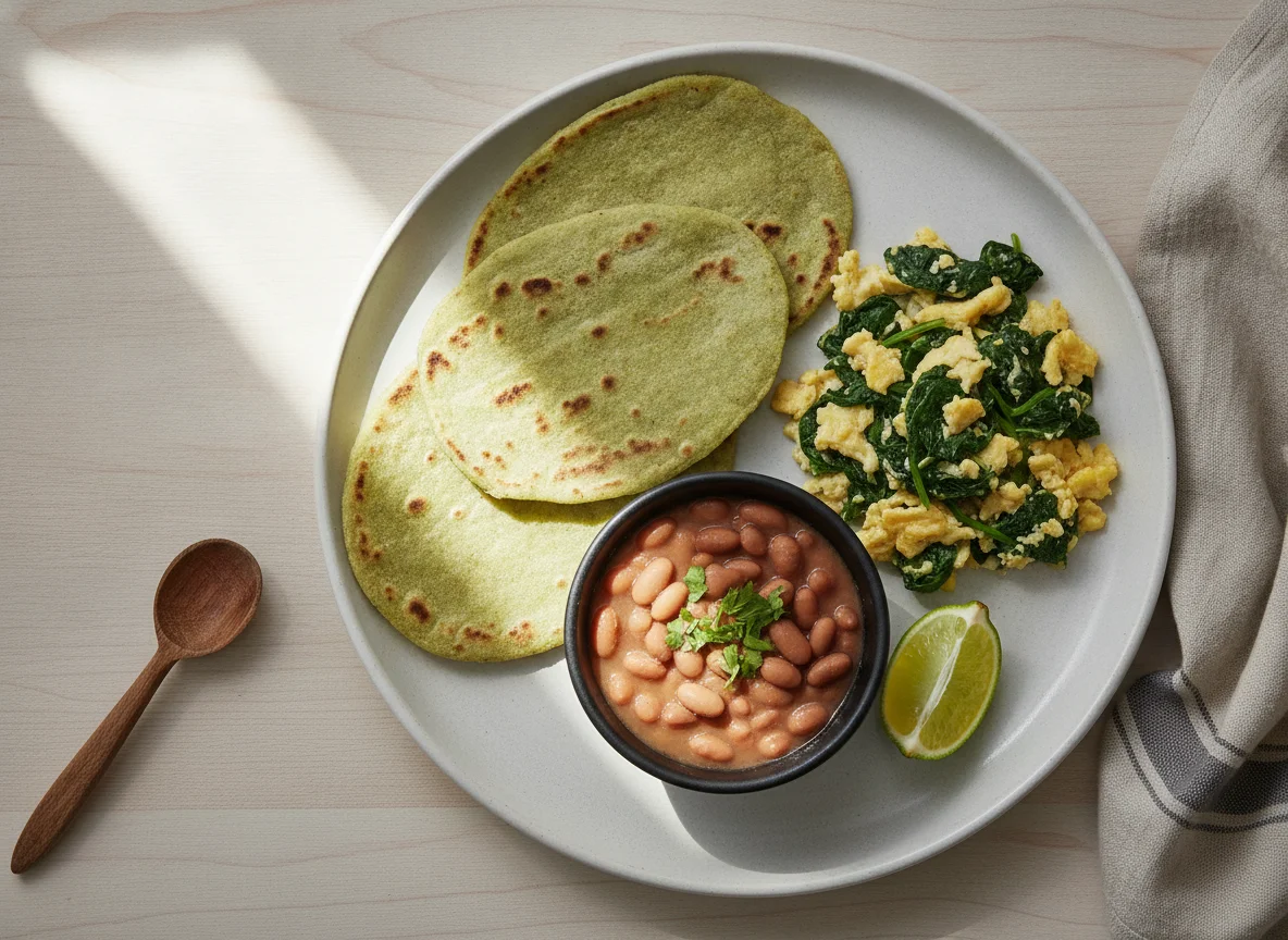 Desayuno mexicano con huevos revueltos, frijoles y tortillas photo