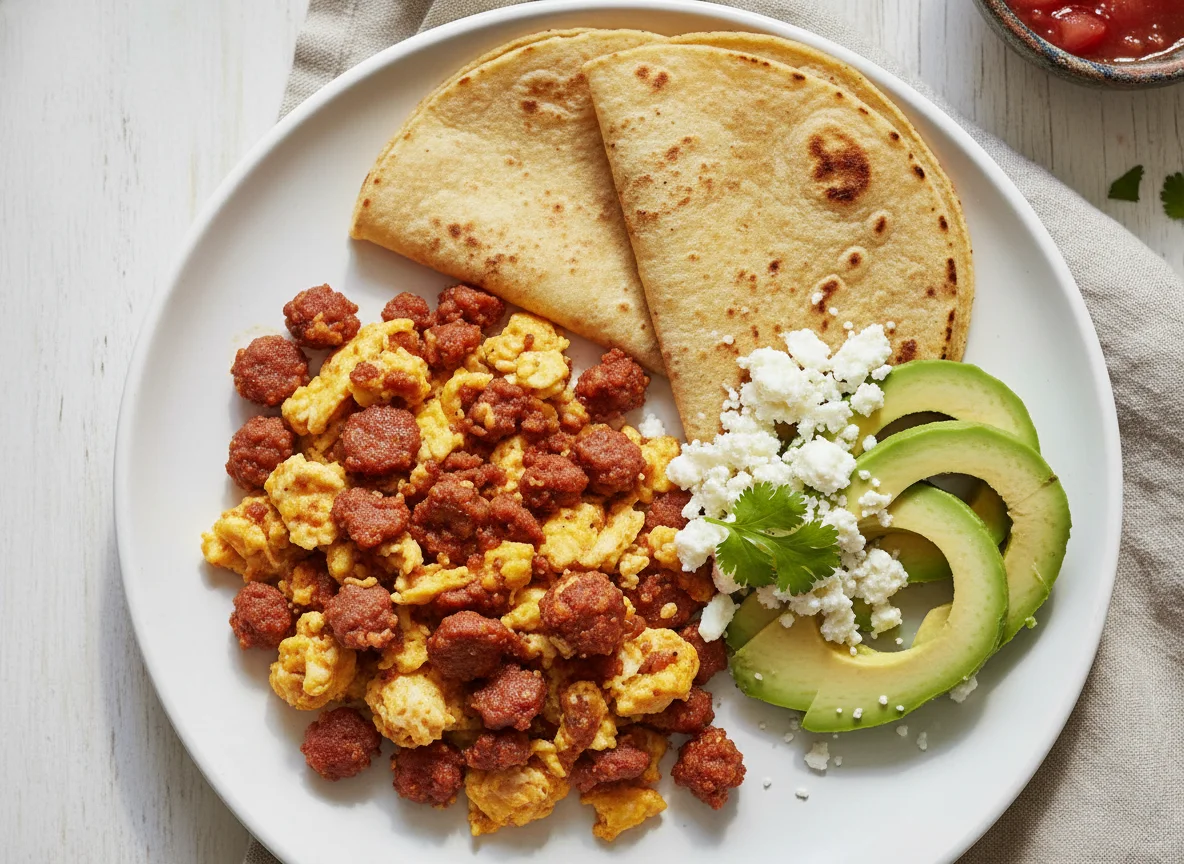 Desayuno mexicano con huevos revueltos y aguacate photo