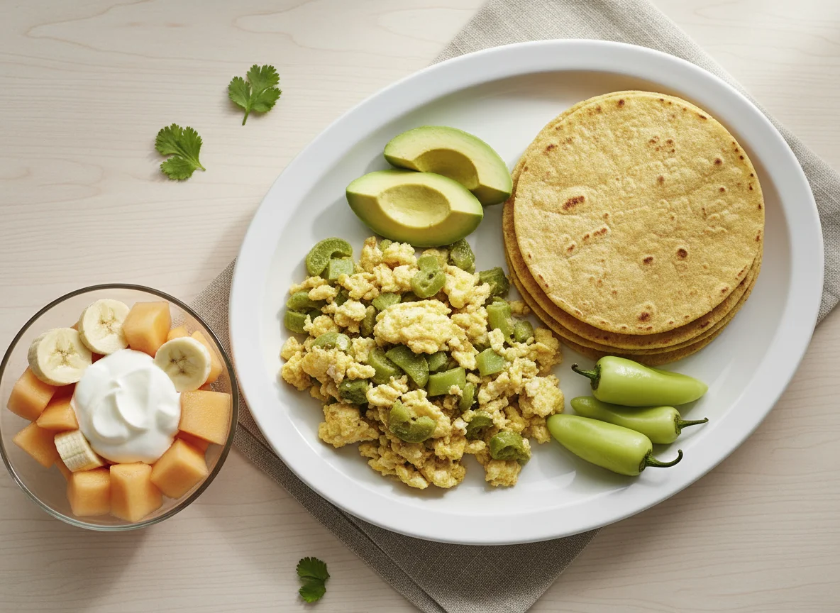 Desayuno mexicano con huevos revueltos y fruta photo