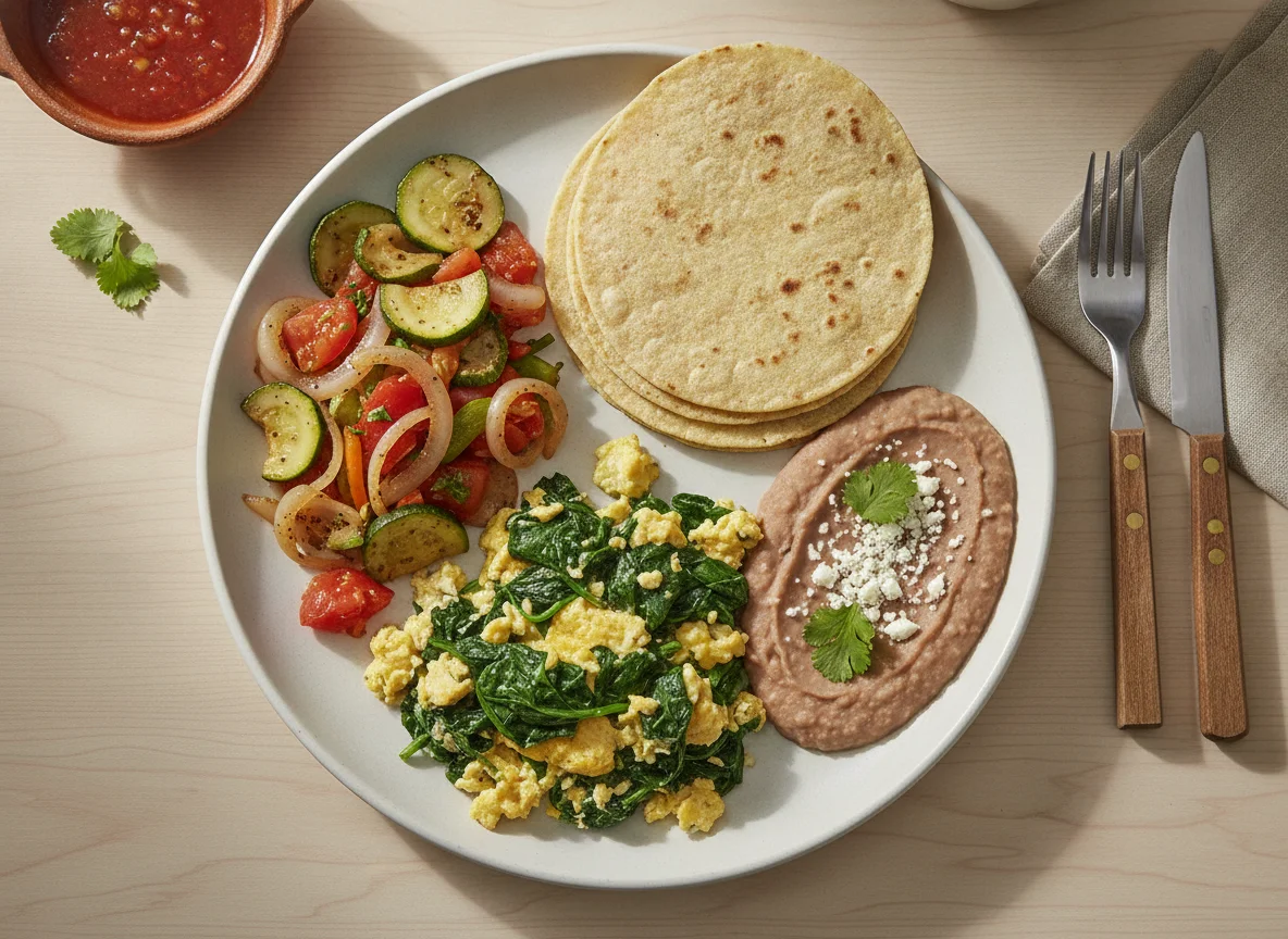 Desayuno mexicano con huevos revueltos y guarniciones photo