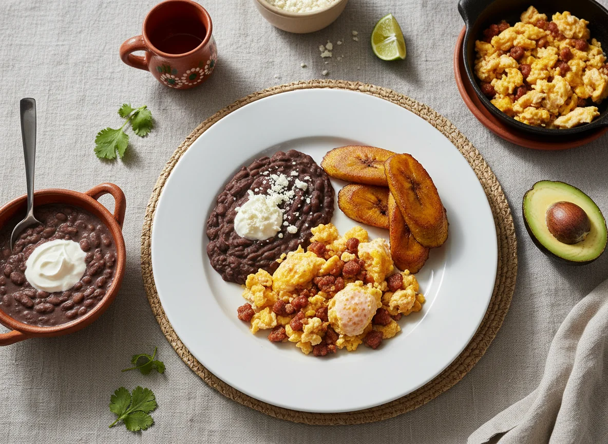 Desayuno mexicano con huevos revueltos y plátano frito photo
