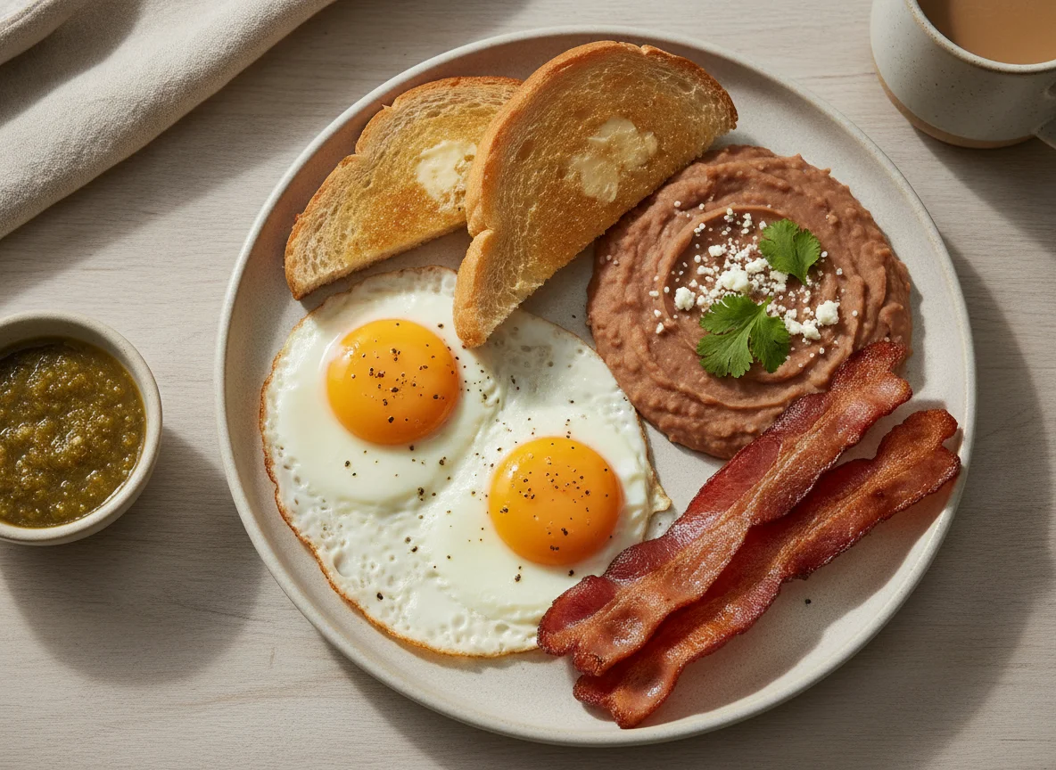 Desayuno mexicano con huevos, tocino, frijoles y tostadas photo