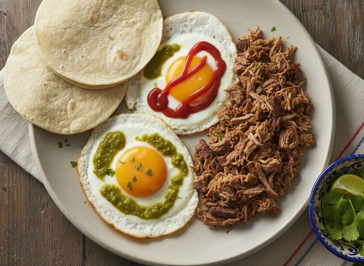 Desayuno mexicano con huevos y carne deshebrada photo
