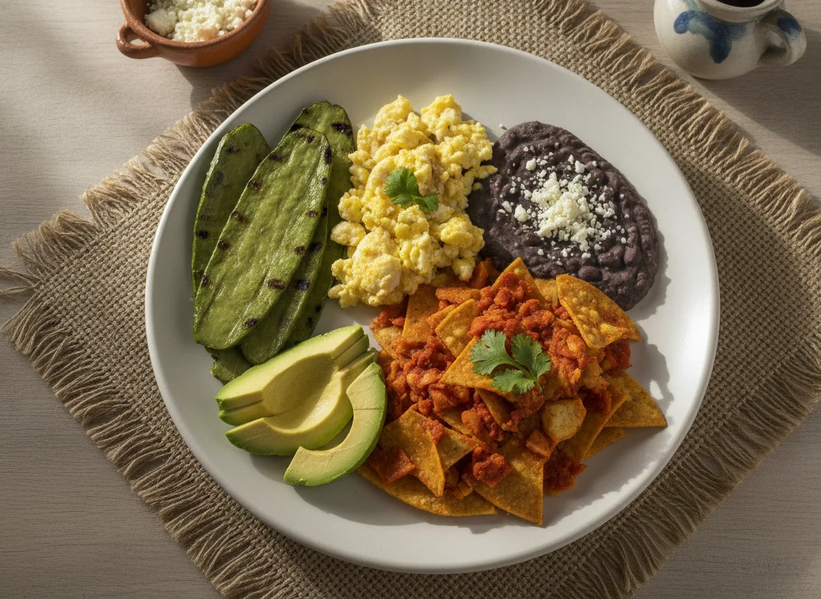 Desayuno mexicano con nopales, huevo, frijoles y aguacate photo