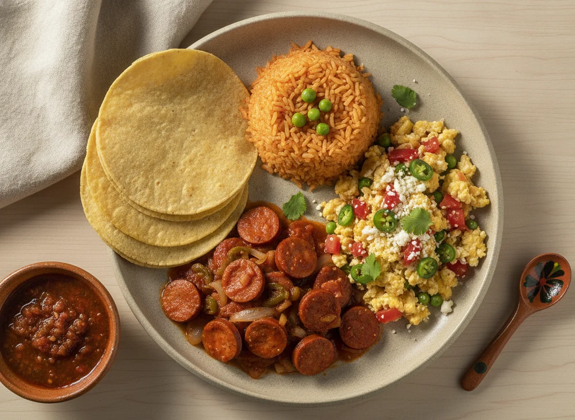 Desayuno Mexicano con Salchichas a la Mexicana, Arroz y Huevo con Tomate photo