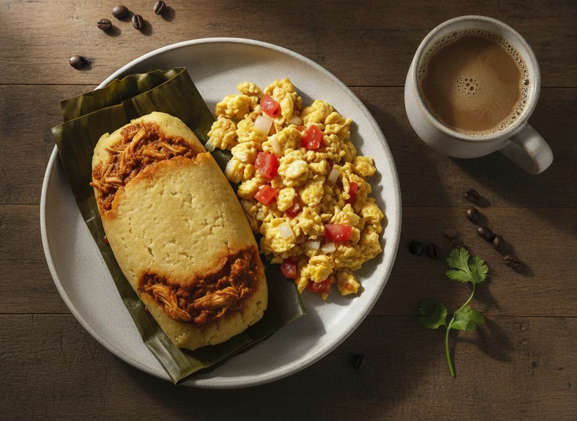 Desayuno mexicano con tamal y huevos revueltos photo