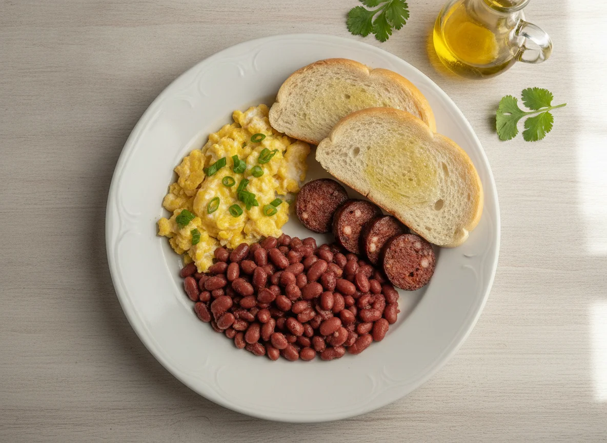 Desayuno nicaragüense con huevos revueltos, frijoles y pan photo
