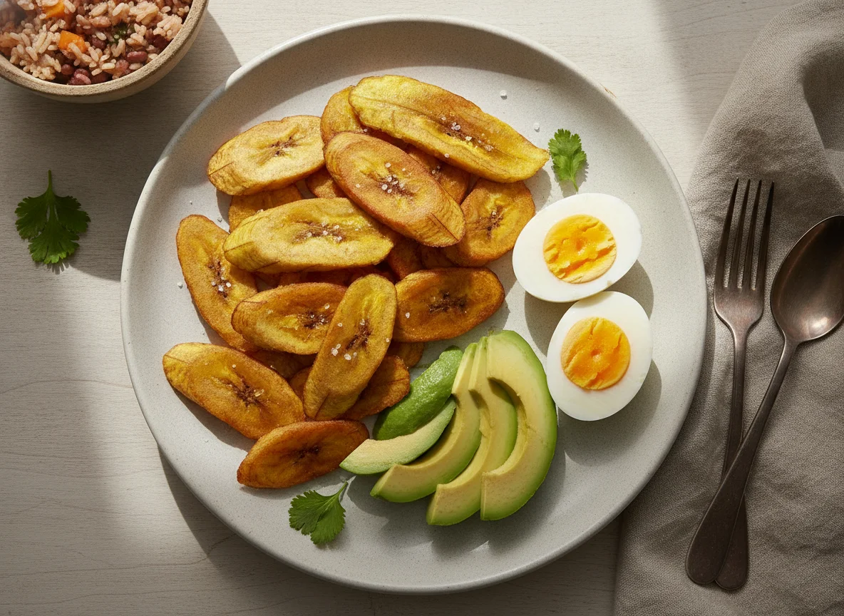 Desayuno nicaragüense con plátano frito, aguacate y huevos cocidos photo