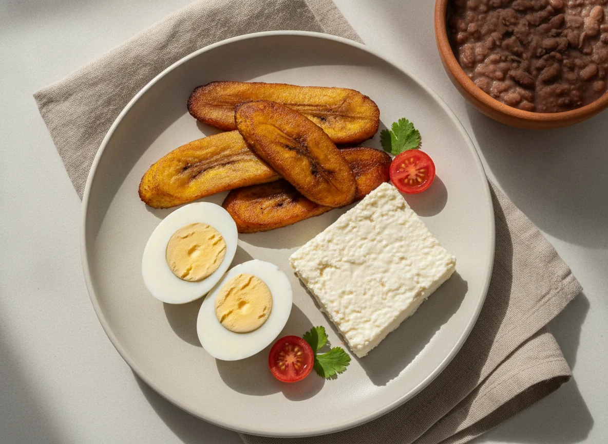 Desayuno nicaragüense con plátano frito, huevos cocidos y queso photo