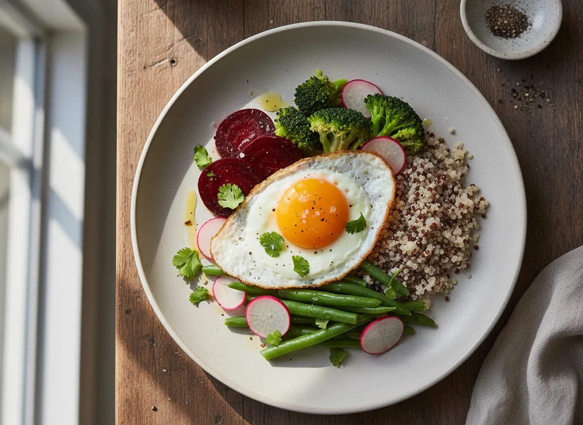 Desayuno o almuerzo con huevo frito y vegetales photo