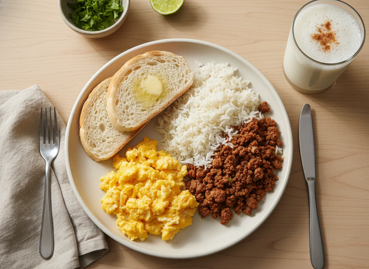 Desayuno o brunch con huevos revueltos, pan, arroz y bebida photo