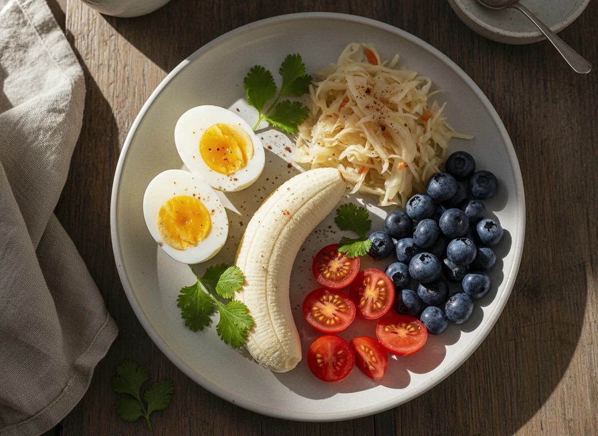Desayuno o merienda con huevo, frutas y chucrut photo