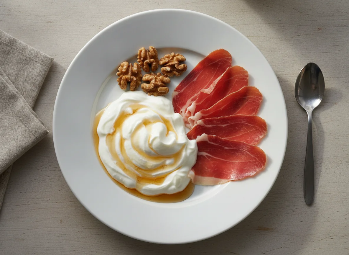 Desayuno o merienda con jamón, yogur griego y nueces photo