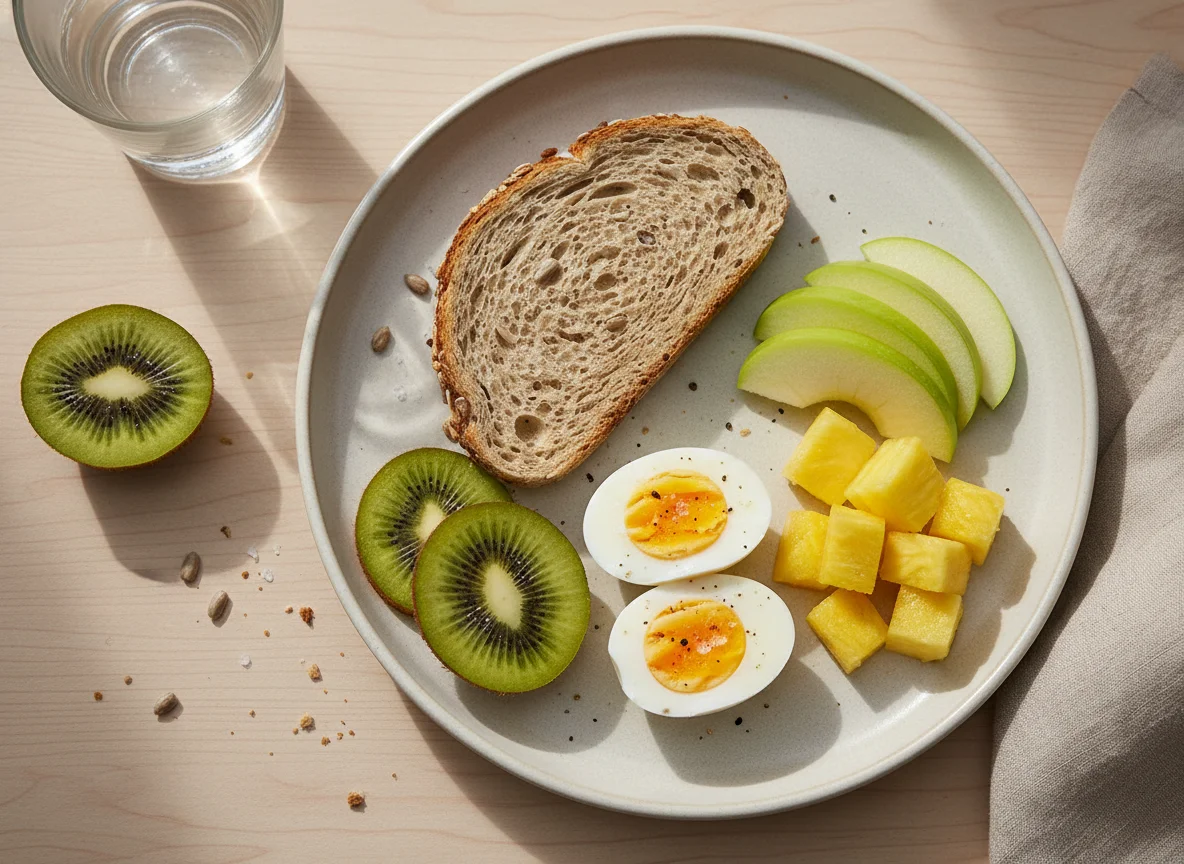 Desayuno o merienda con pan, huevo y frutas photo