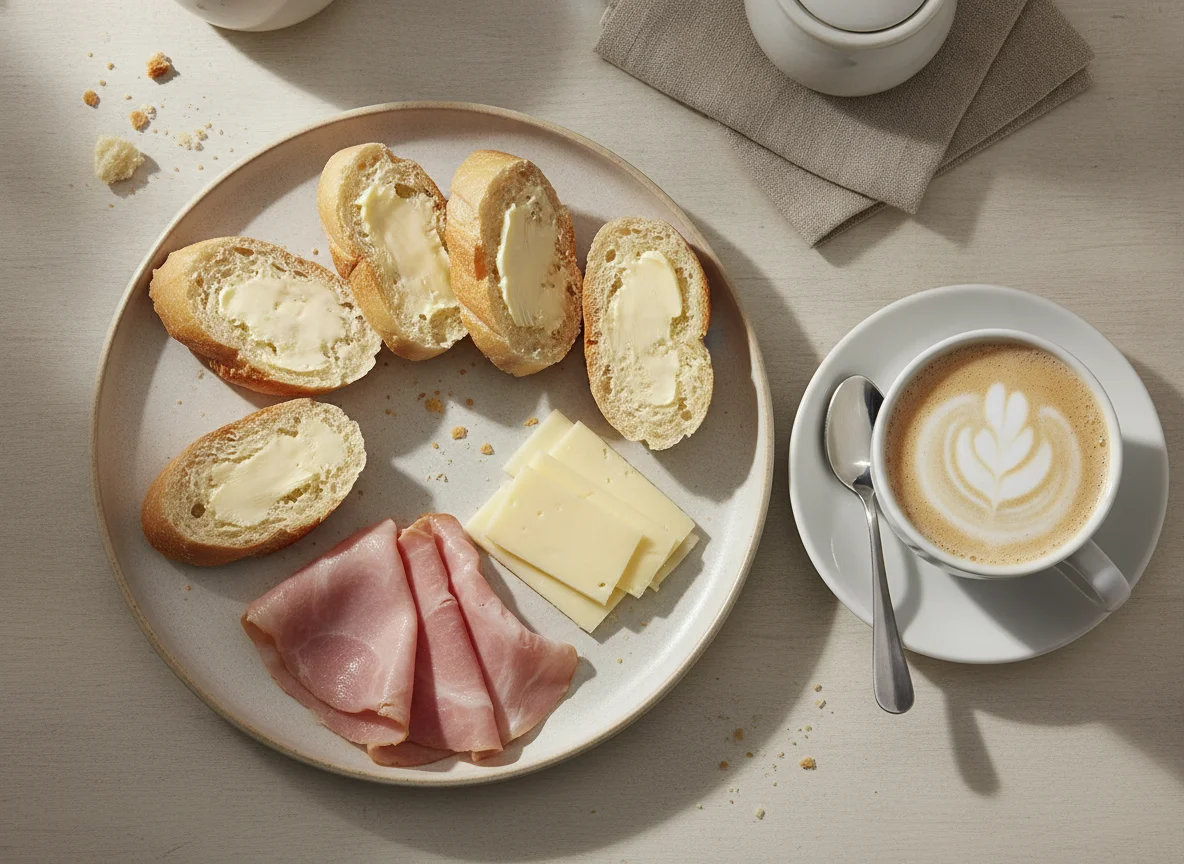 Desayuno o merienda con pan, jamón, queso y café photo