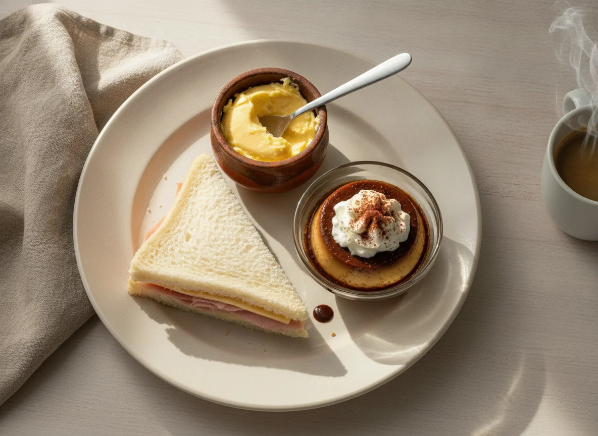Desayuno o merienda con sándwich, manteca y postre de chocolate photo