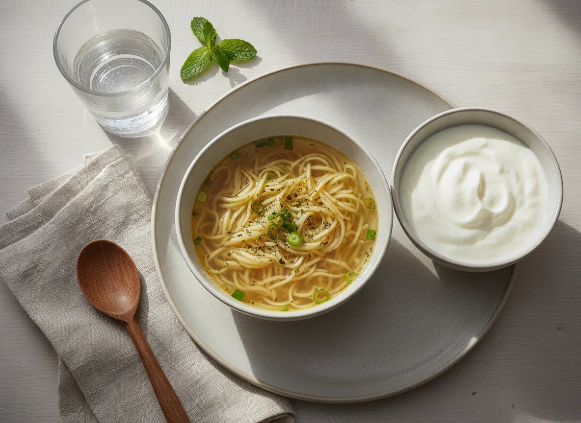 Desayuno o merienda con sopa y yogur photo