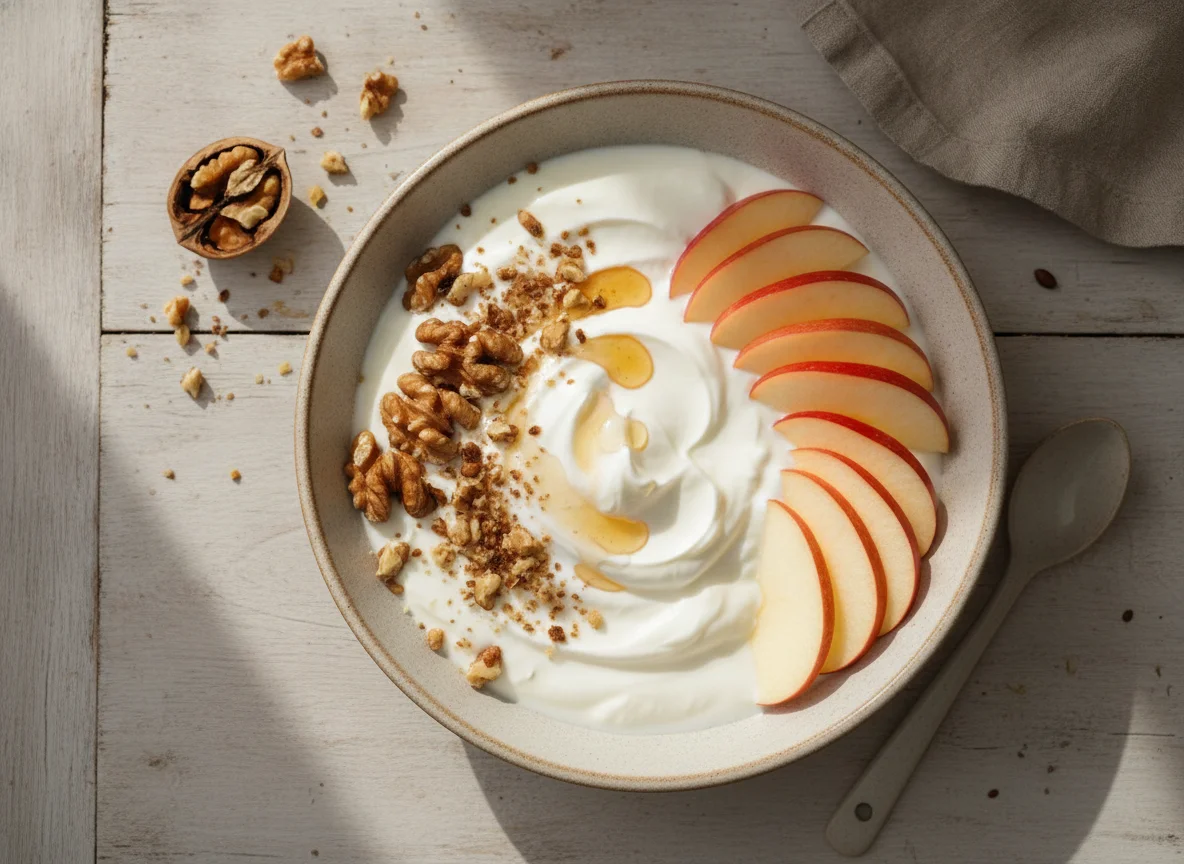 Desayuno o merienda con yogur proteico, manzana y nueces photo